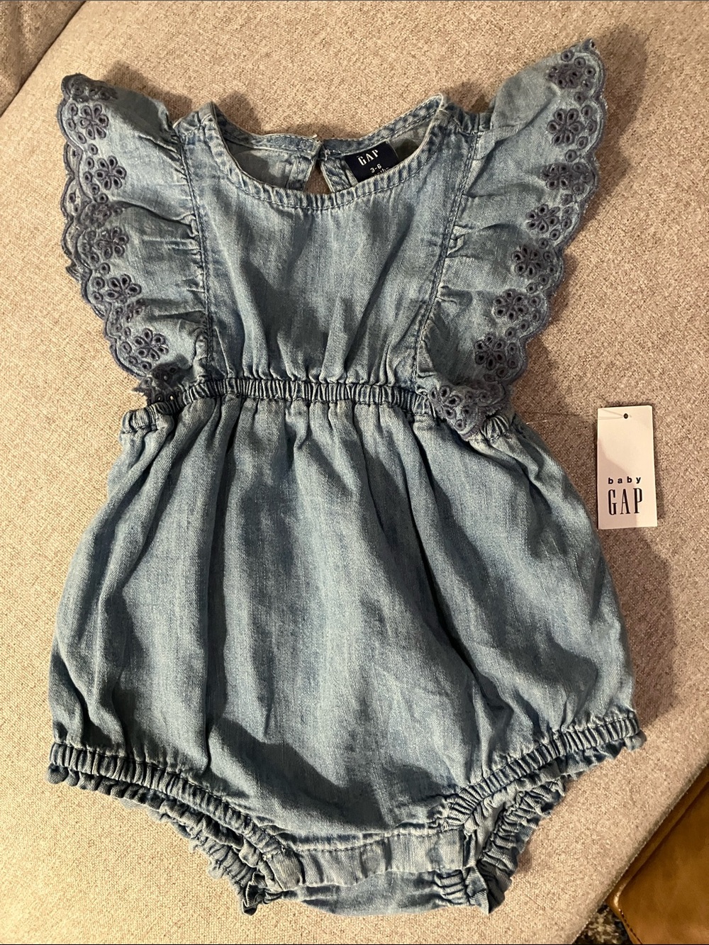 GAP Light Blue Eyelet-Sleeve Denim Romper
